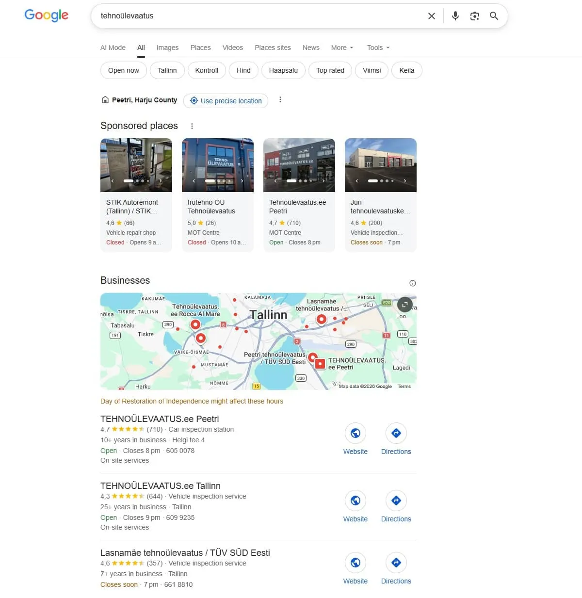 Otsingu "tehnoülevaatus" tulemus Google Mapsis Tallinna piirkonnas — kohalik kolmik ja sponsoreeritud kohad